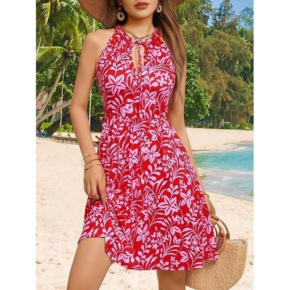 HUHOT Women's Red Floral Halter Neck Mini Dress Vacation Beach Resort Size L NWT